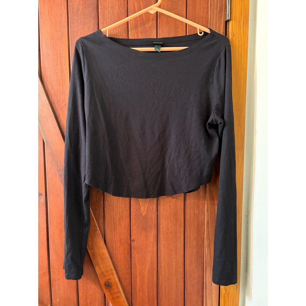 Wild Fable Womens Black‎ Ribbed Long Sleeve Boat Neck Cropped Top Large